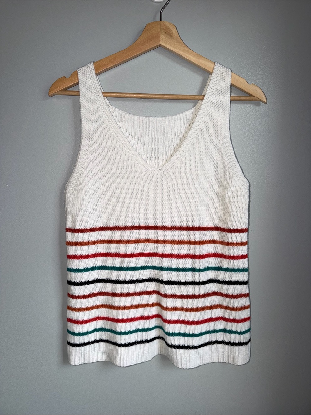 Women Knit Sweater Tank Top Small Striped V Neck Sleeveless Cotton Blend